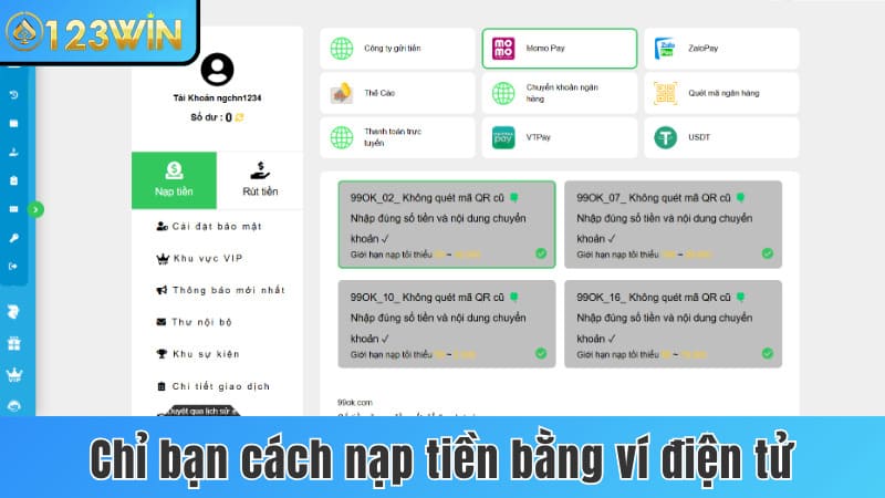 Chỉ bạn cách nạp tiền vào tài khoản chơi bằng ví điện tử